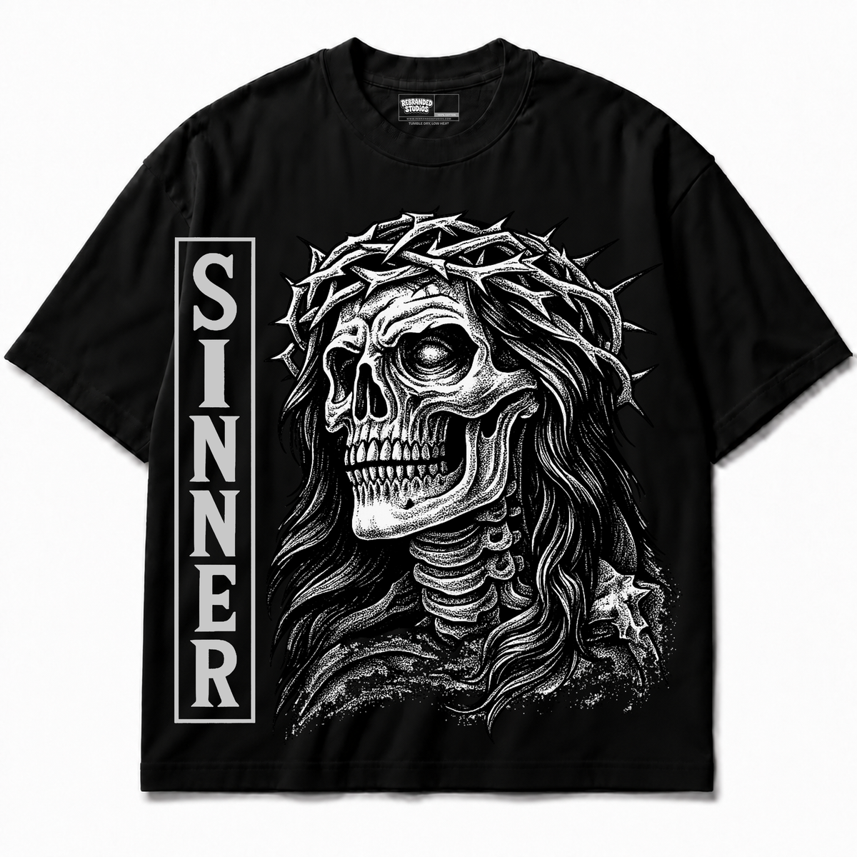 Sinner Air Jordan 8 Chrome Graphic T-Shirt — black T-shirt front without sneakers