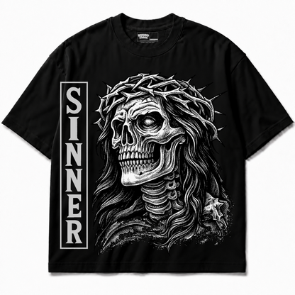Sinner Air Jordan 8 Chrome Graphic T-Shirt — black T-shirt front without sneakers