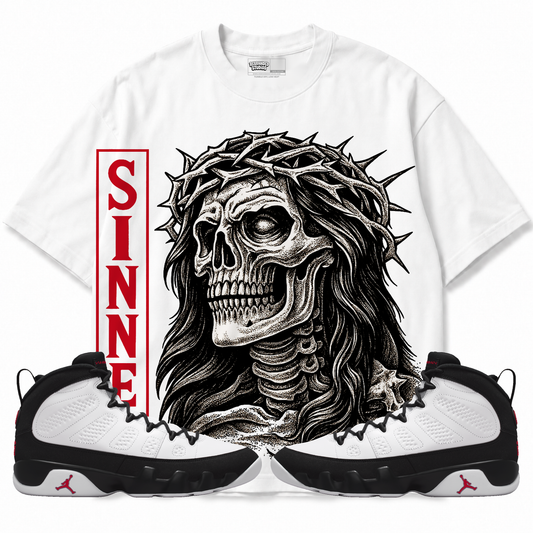 Sinner Air Jordan 9 OG Space Jam Graphic T-Shirt — white T-shirt front with matching sneakers
