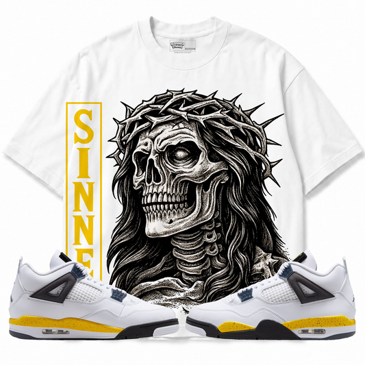Sinner Air Jordan 4 Tour Yellow Graphic T-Shirt — white T-shirt front with matching sneakers
