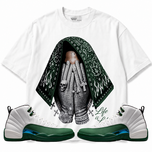 Life Is Life Air Jordan 12 Bucks graphic T-shirt with matching sneakers