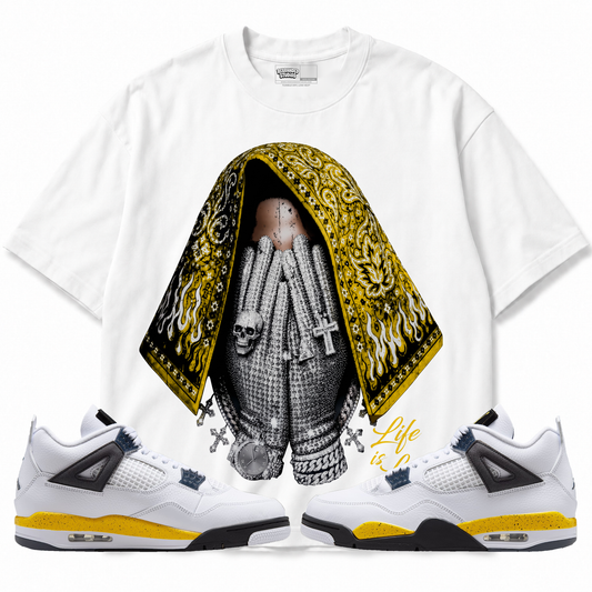 Life Is Life Air Jordan 4 Tour Yellow graphic T-shirt with matching sneakers