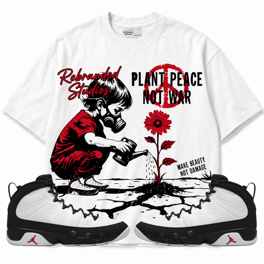 Plant Peace Not War Air Jordan 9 OG Space Jam Graphic T-Shirt — white T-shirt front with matching sneakers
