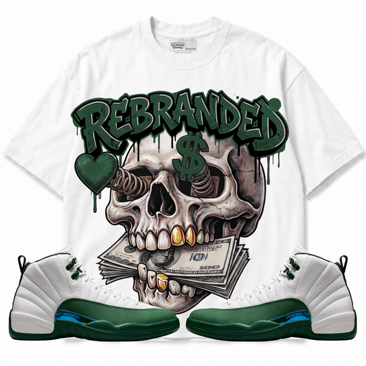 Money Lover Air Jordan 12 Bucks graphic T-shirt with matching sneakers