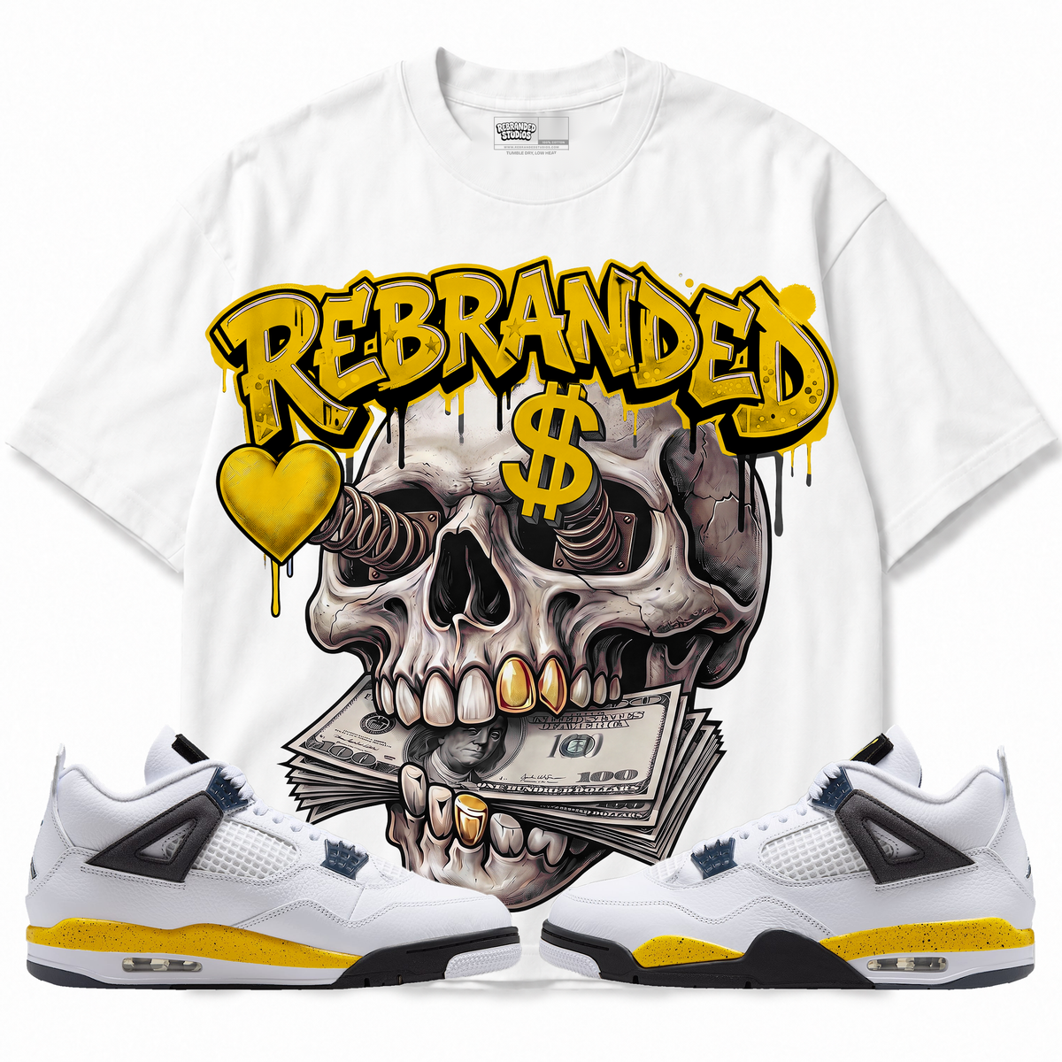 Money Lover Air Jordan 4 Tour Yellow graphic T-shirt with matching sneakers