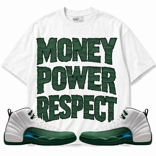 Money Power Respect Air Jordan 12 Bucks graphic T-shirt with matching sneakers