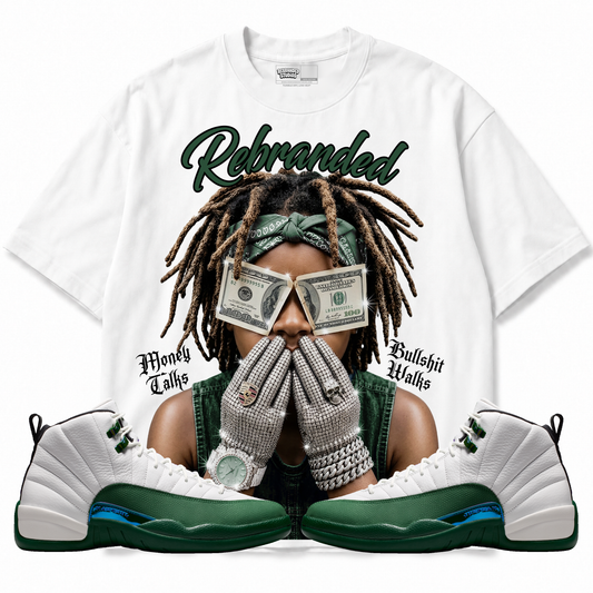 Money Talks Bullshit Walks Air Jordan 12 Bucks graphic T-shirt with matching sneakers