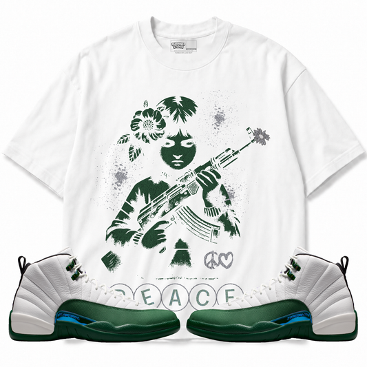 Peace Air Jordan 12 Bucks graphic T-shirt with matching sneakers