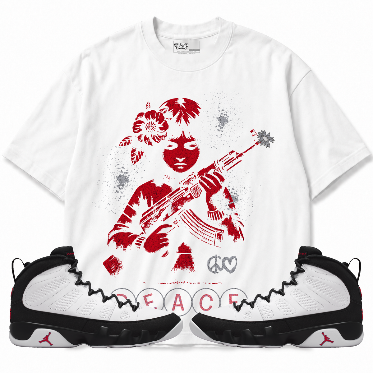 Peace (Air Jordan 9 OG Space Jam) T-Shirt with matching sneakers