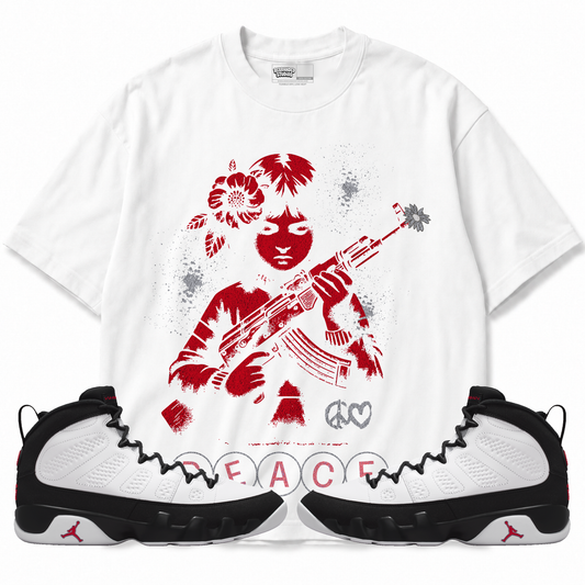 Peace (Air Jordan 9 OG Space Jam) T-Shirt with matching sneakers