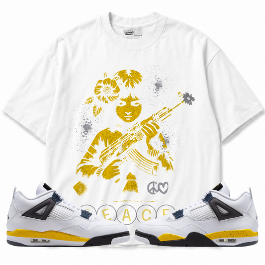 Peace Air Jordan 4 Tour Yellow graphic T-shirt with matching sneakers