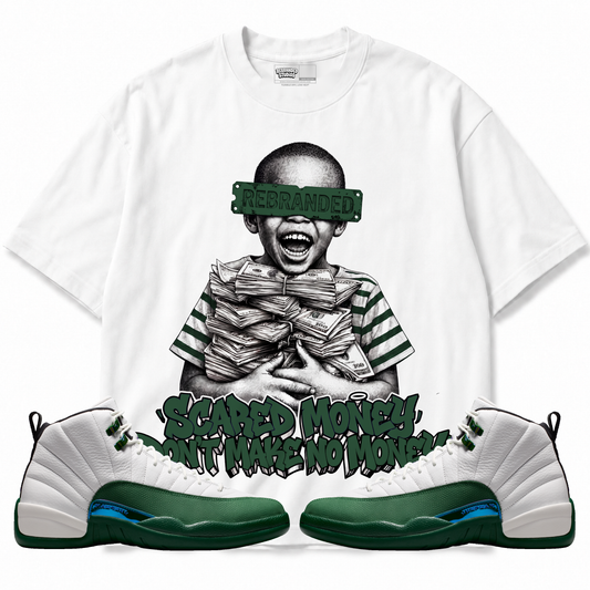 Scared Money Don't Make No Money Air Jordan 12 Bucks graphic T-shirt with matching sneakers