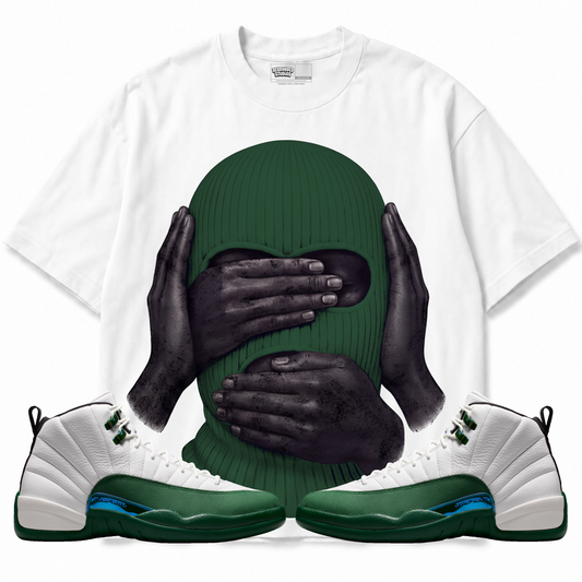 See No Evil Speak No Evil Hear No Evil Air Jordan 12 Bucks graphic T-shirt with matching sneakers