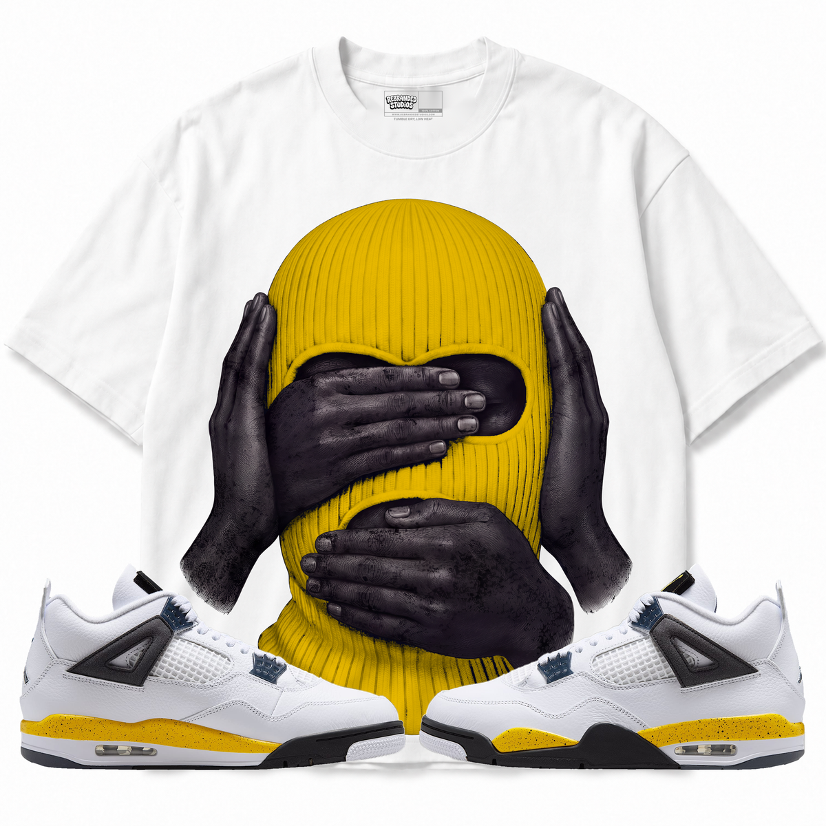 See No Evil Speak No Evil Hear No Evil Air Jordan 4 Tour Yellow graphic T-shirt with matching sneakers