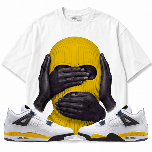 See No Evil Speak No Evil Hear No Evil Air Jordan 4 Tour Yellow graphic T-shirt with matching sneakers