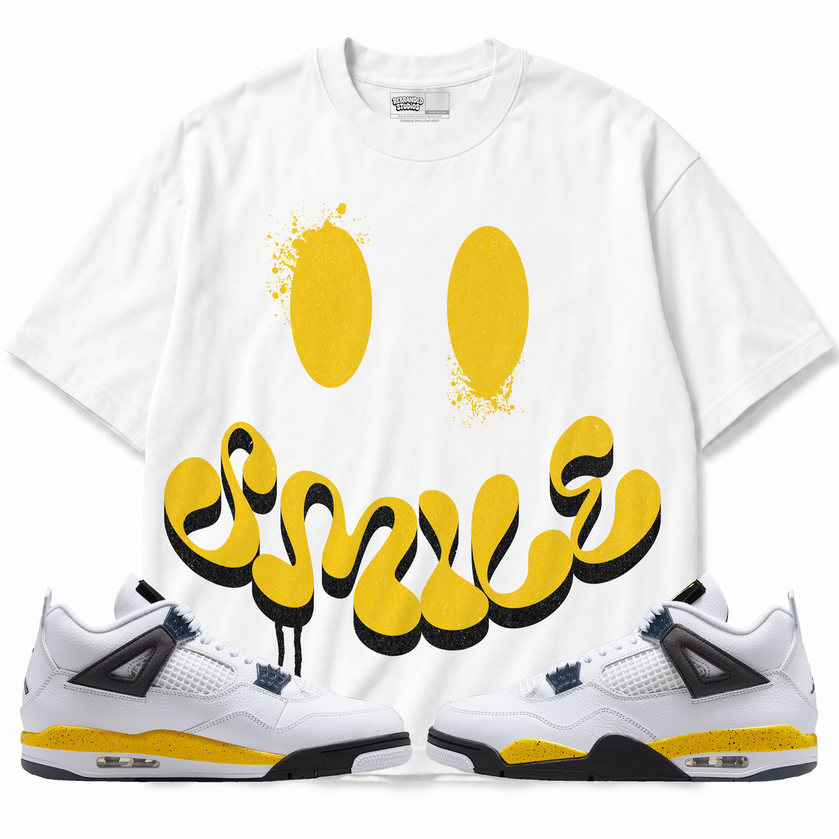 Smile Air Jordan 4 Tour Yellow graphic T-shirt with matching sneakers