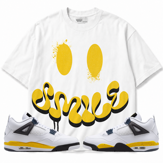 Smile Air Jordan 4 Tour Yellow graphic T-shirt with matching sneakers