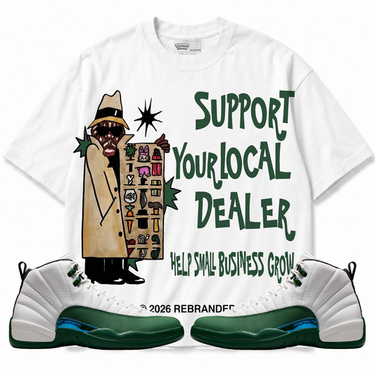 Support Your Local Dealer Air Jordan 12 Bucks graphic T-shirt with matching sneakers