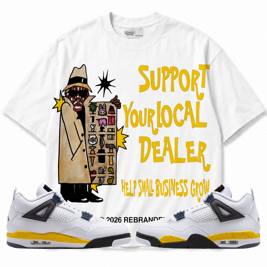 Support Your Local Dealer Air Jordan 4 Tour Yellow graphic T-shirt with matching sneakers