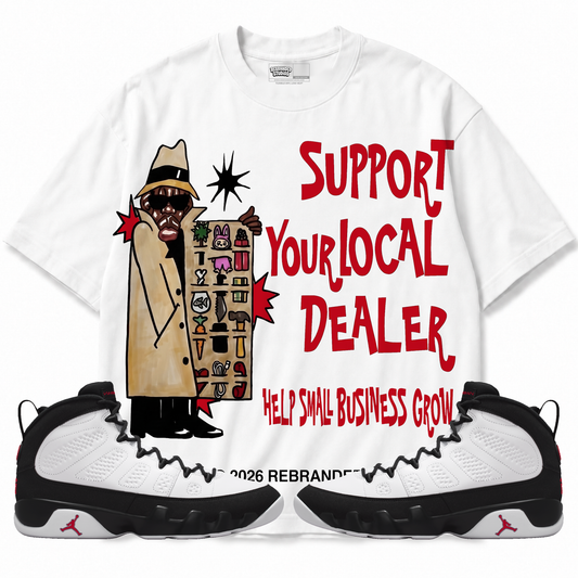 Support Your Local Dealer (Air Jordan 9 OG Space Jam) T-Shirt with matching sneakers