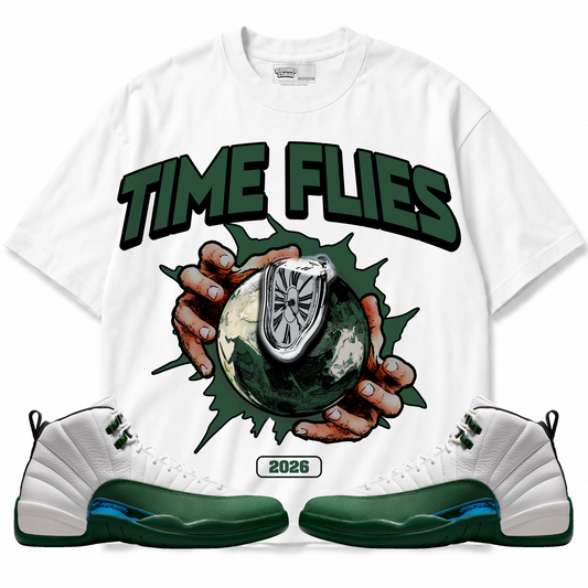 Time Flies Air Jordan 12 Bucks graphic T-shirt with matching sneakers