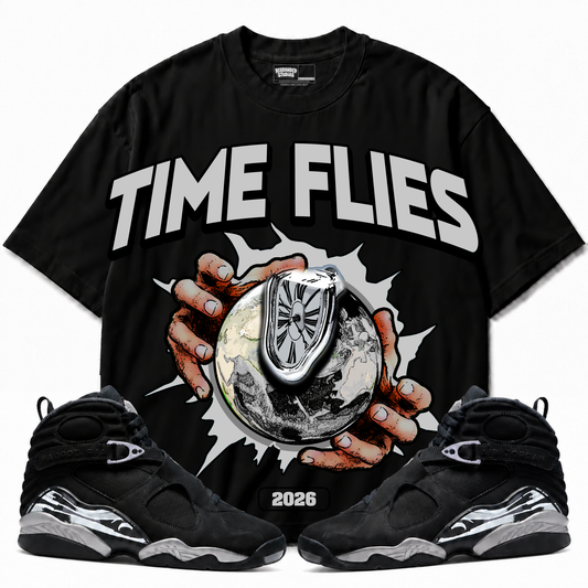 Time Flies Air Jordan 8 Chrome black graphic T-shirt — front with matching sneakers