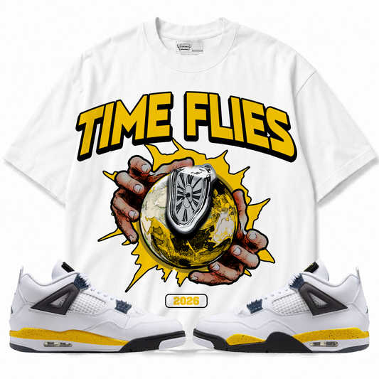 Time Flies Air Jordan 4 Tour Yellow graphic T-shirt with matching sneakers