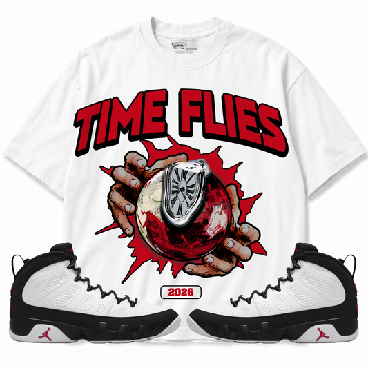 Time Flies (Air Jordan 9 OG Space Jam) T-Shirt with matching sneakers