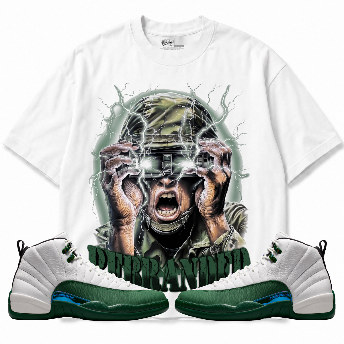 War Hero Air Jordan 12 Bucks graphic T-shirt with matching sneakers