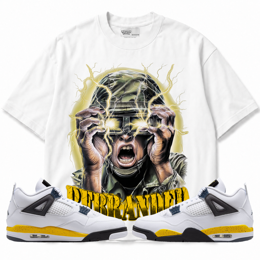 War Hero Air Jordan 4 Tour Yellow graphic T-shirt with matching sneakers