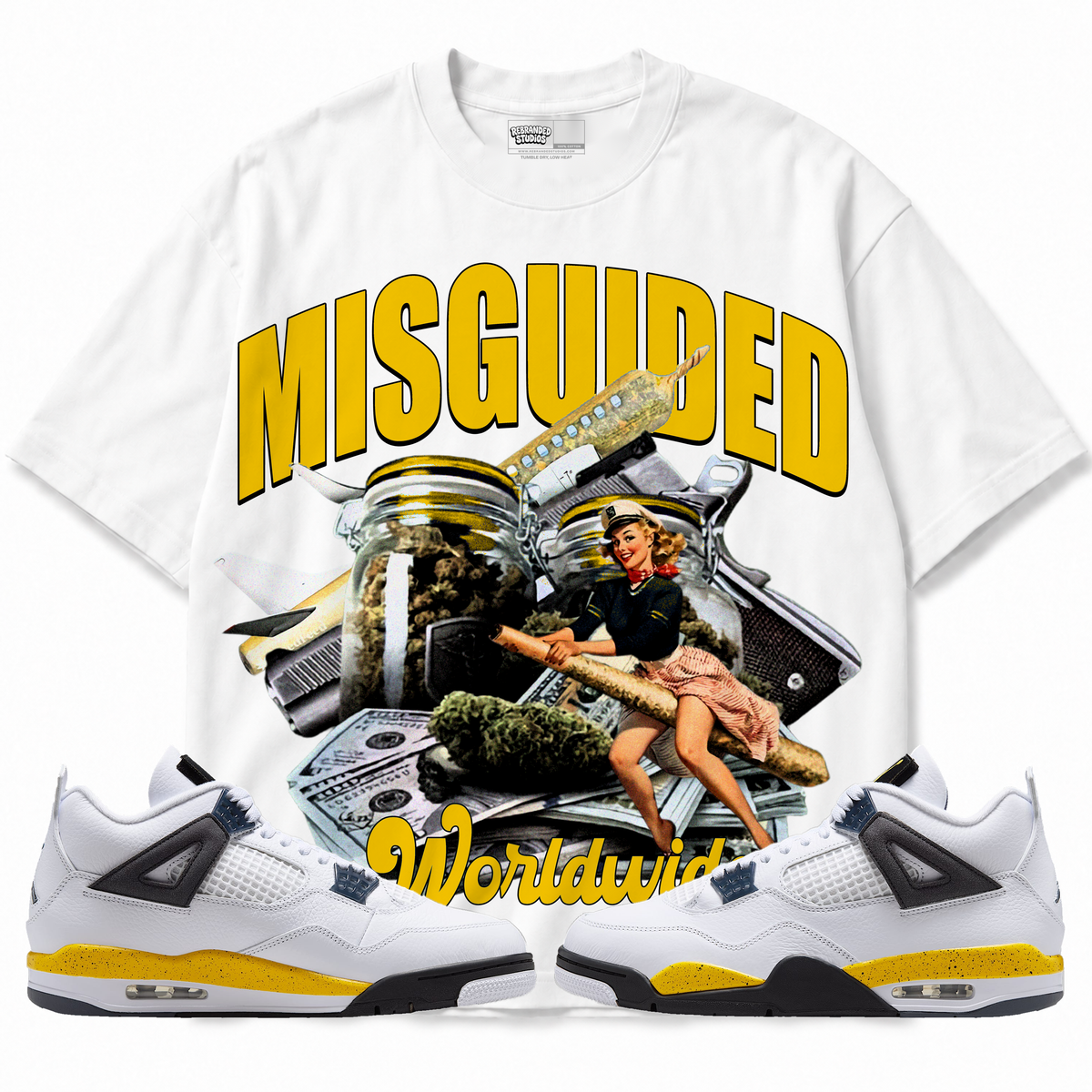 WorldWide Air Jordan 4 Tour Yellow graphic T-shirt with matching sneakers