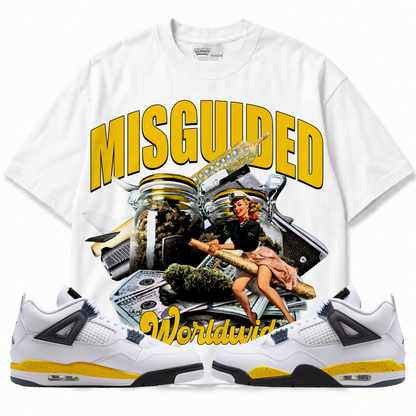 WorldWide Air Jordan 4 Tour Yellow graphic T-shirt with matching sneakers