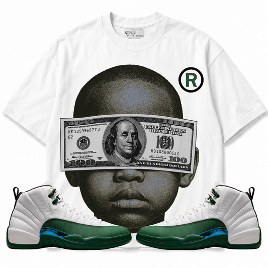 Yung Money Air Jordan 12 Bucks graphic T-shirt with matching sneakers