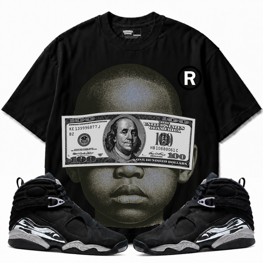 Yung Money Air Jordan 8 Chrome black graphic tee with matching sneakers