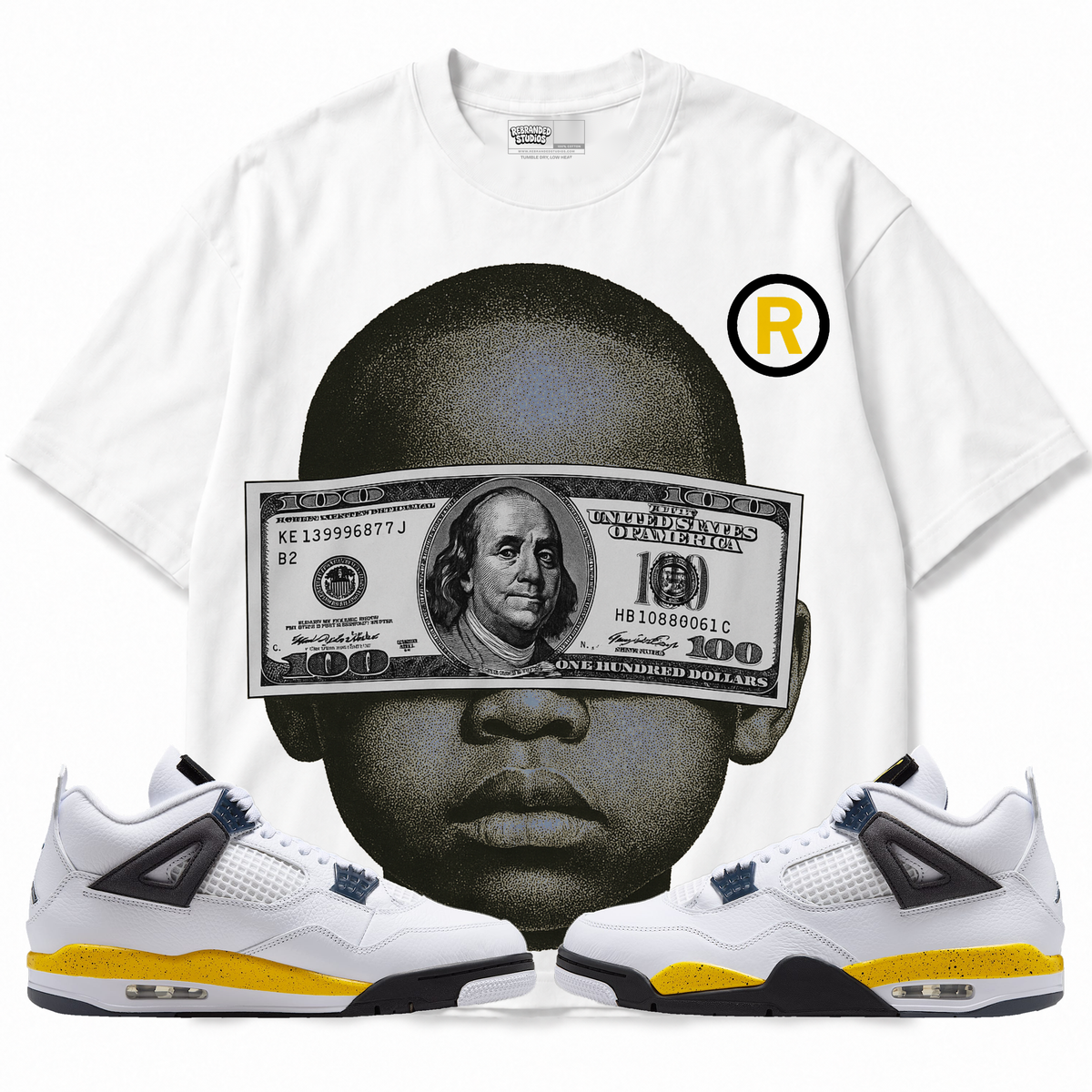 Yung Money Air Jordan 4 Tour Yellow graphic T-shirt with matching sneakers