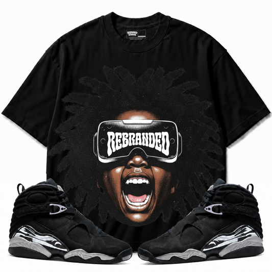 A Look Into The Future Air Jordan 8 Chrome black graphic tee with matching sneakers