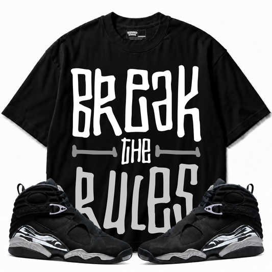 Break The Rules Air Jordan 8 Chrome black graphic tee with matching sneakers