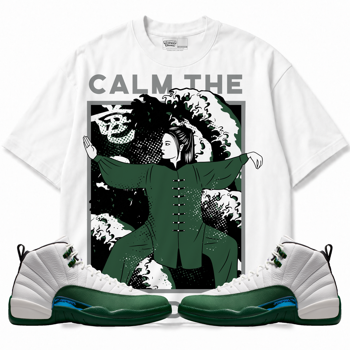 Calm TF Down (Air Jordan 12 Bucks) T-Shirt with matching sneakers