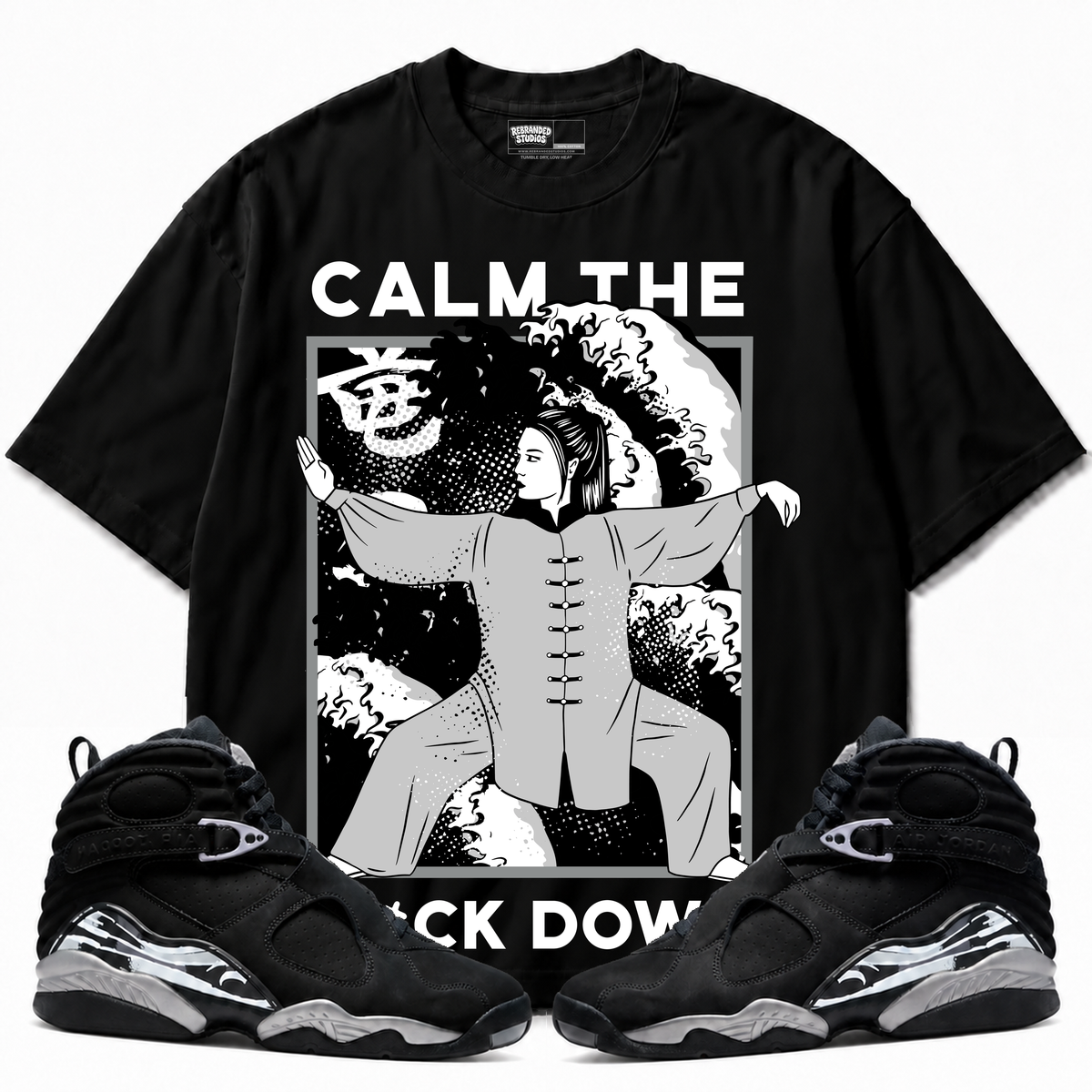 Calm TF Down Air Jordan 8 Chrome black graphic tee with matching sneakers