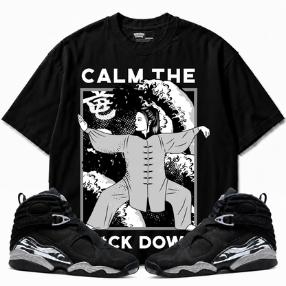 Calm TF Down Air Jordan 8 Chrome black graphic tee with matching sneakers