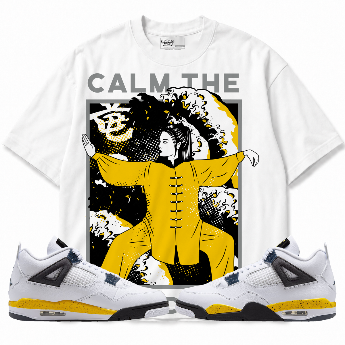 Calm TF Down (Air Jordan 4 Tour Yellow) T-Shirt with matching sneakers