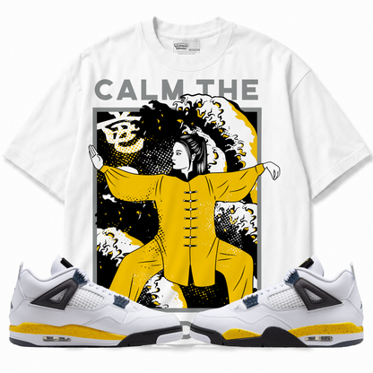 Calm TF Down (Air Jordan 4 Tour Yellow) T-Shirt with matching sneakers