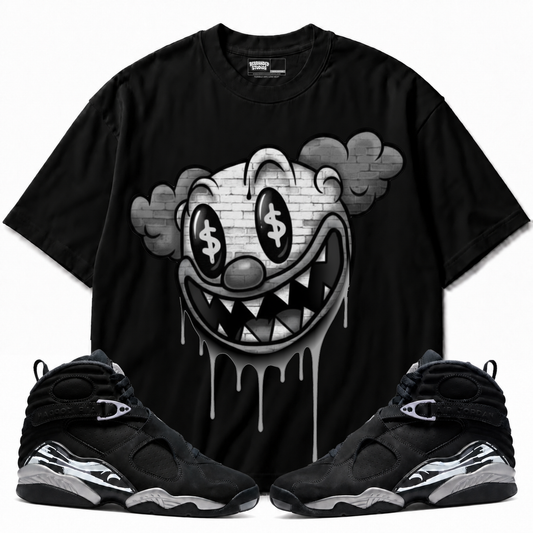 Clown Air Jordan 8 Chrome black graphic tee with matching sneakers