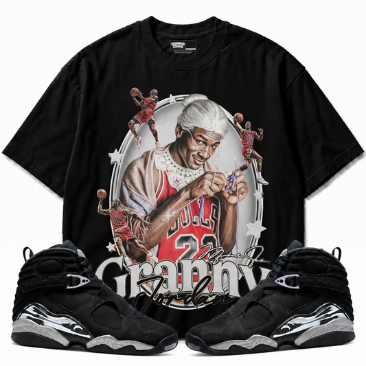 Granny Jordan Air Jordan 8 Chrome black graphic tee with matching sneakers