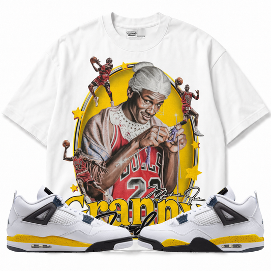 Granny Jordan (Air Jordan 4 Tour Yellow) T-Shirt with matching sneakers