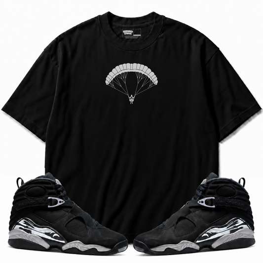 High Life Air Jordan 8 Chrome black graphic tee with matching sneakers