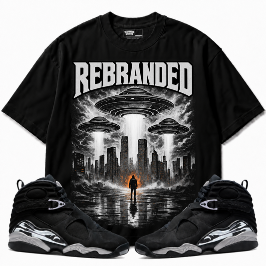 Invasion Air Jordan 8 Chrome black graphic tee with matching sneakers