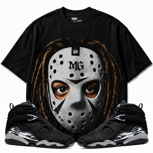 Jason Air Jordan 8 Chrome black graphic tee with matching sneakers