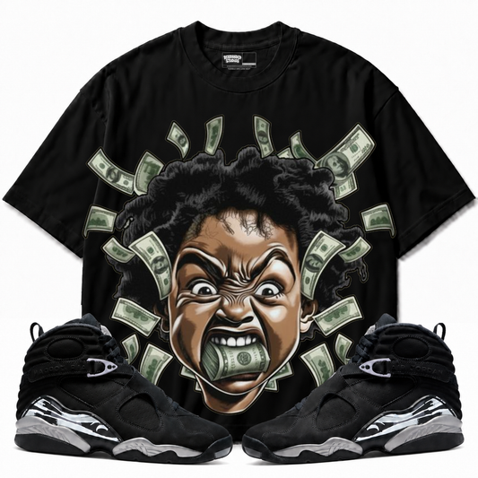 Money Mouth Air Jordan 8 Chrome black graphic T-shirt with matching sneakers