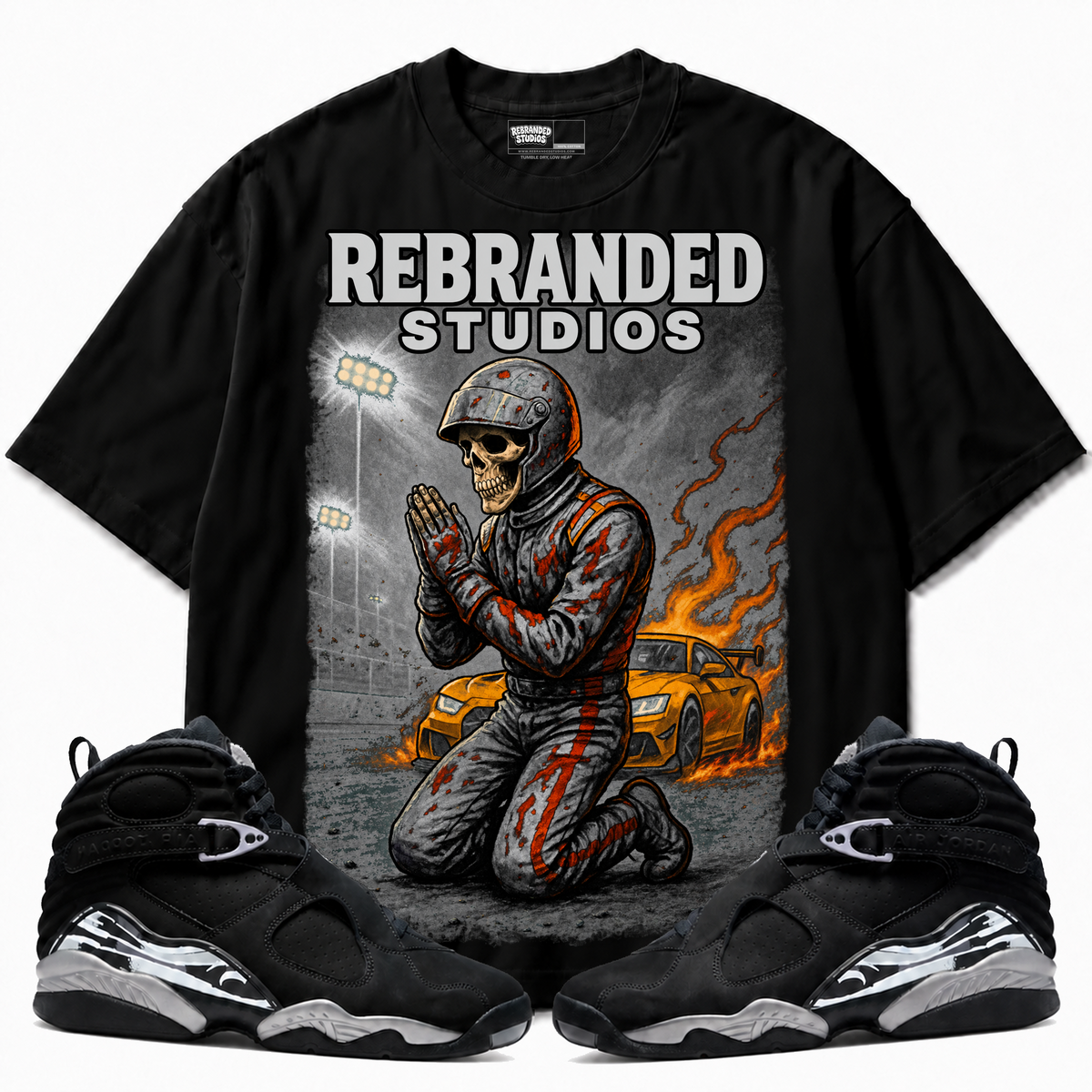 Prayers Air Jordan 8 Chrome black graphic T-shirt with matching sneakers